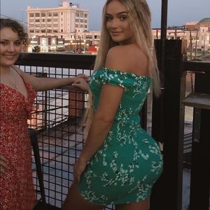 Sundaemuse blue green floral ruched  bodycon dress